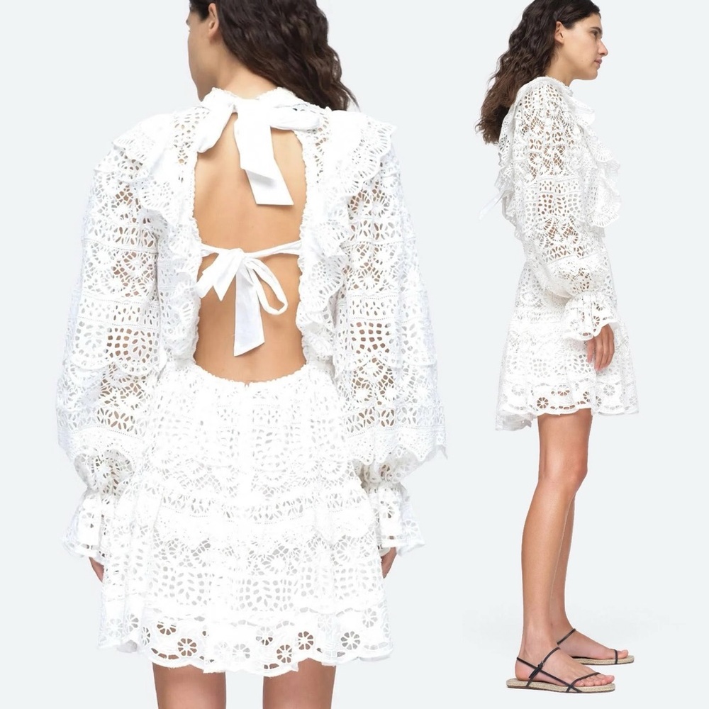 Sea NY White Embroidered Cotton Ruffled Open Back Patrizia Dress - Picture 3 of 5
